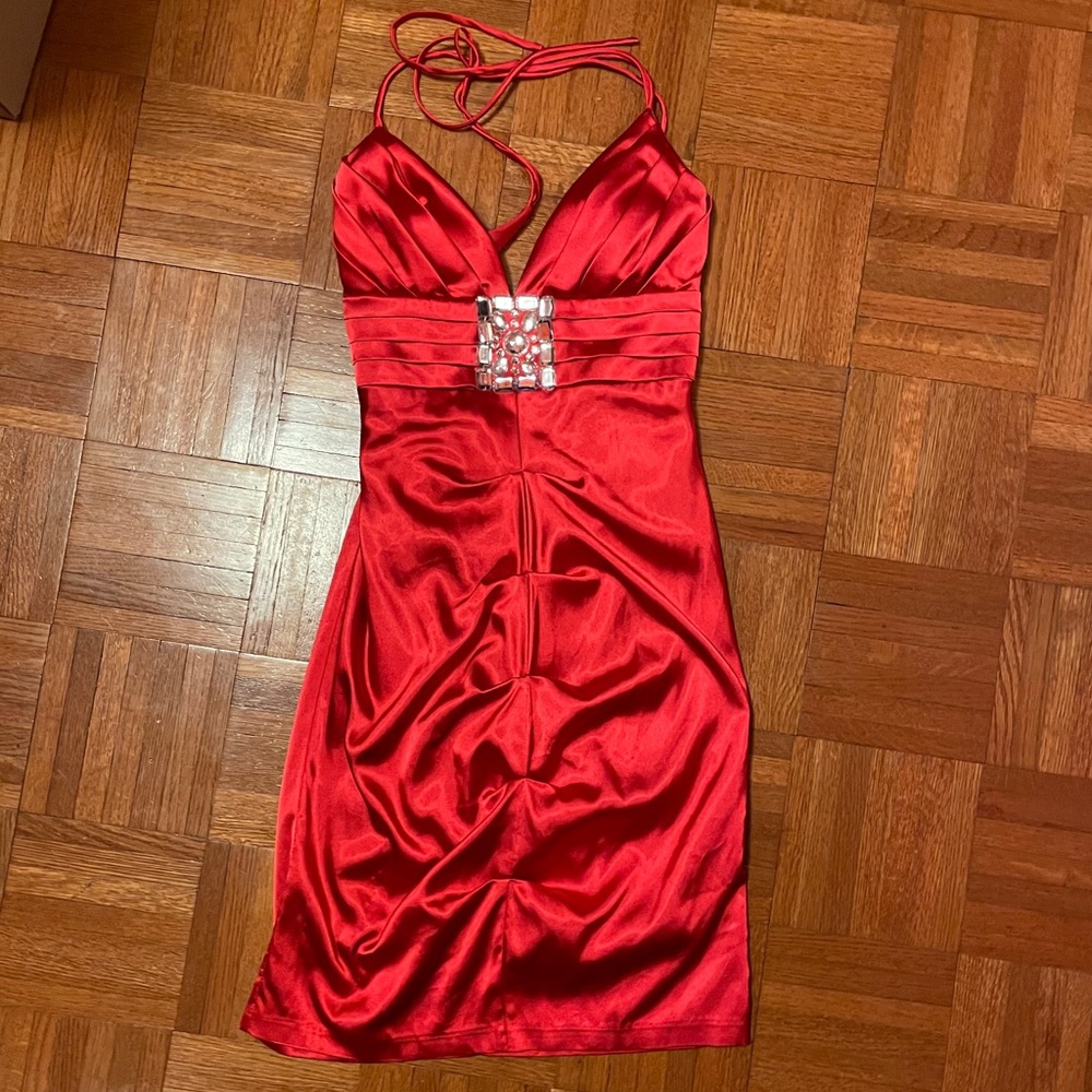 Red jeweled halter dress